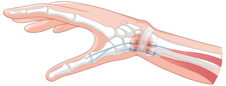 Ilustración de la anatomía de la mano humana evaluada en la Unidad de Mano y Muñeca en Lima de Novotrauma