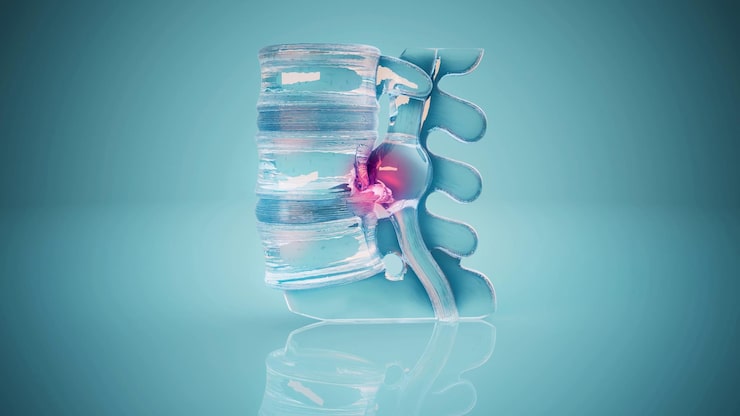 Ilustración 3D de una hernia de disco en la columna lumbar evaluada en la Unidad de Columna en Lima de Novotrauma