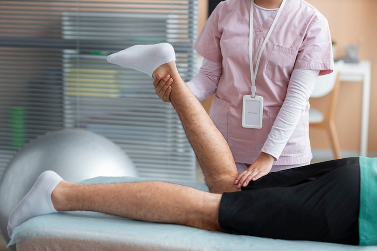 Médico ayudando a un paciente con ejercicios durante su rehabilitación de rodilla en Novotrauma