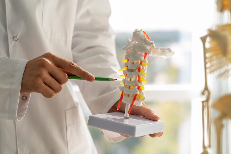 Médico explicando la anatomía de la columna a un paciente en la Unidad de Columna de Novotrauma, Lima