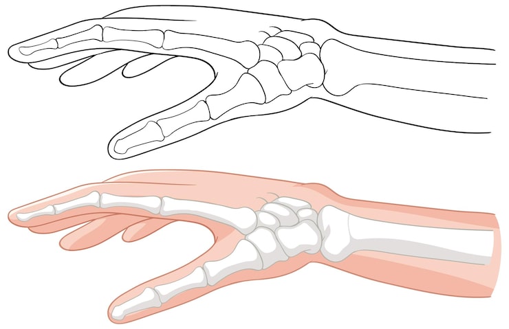 Ilustración de la anatomía de la mano y la muñeca de la Unidad de Mano y Muñeca de Novotrauma, Lima