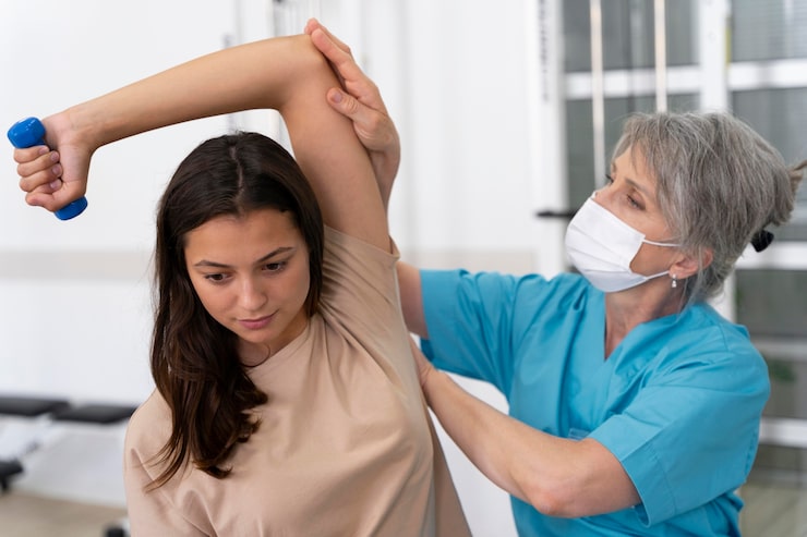 Asistente médico ayudando a un paciente con ejercicios de fisioterapia para la cadera en Novotrauma