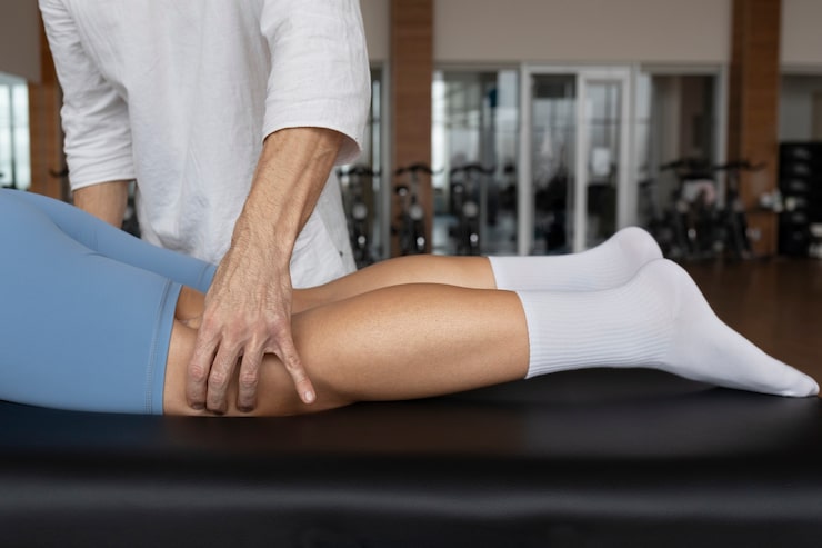 Paciente realizando rehabilitación física de rodilla con ayuda de terapeutas en Novotrauma